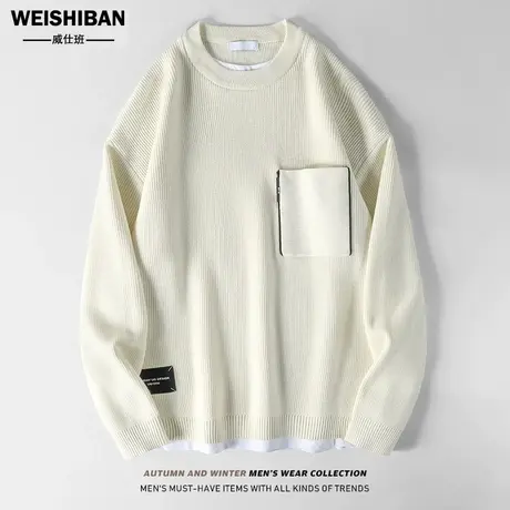 高级感假两件圆领针织衫男2023秋冬季韩版撞色宽松慵懒风毛线衣潮商品大图