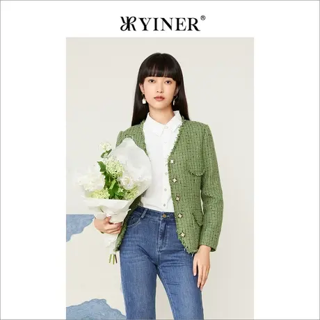 音儿美地女装2022秋季新款法式粗花呢重工钉钻短外套商品大图