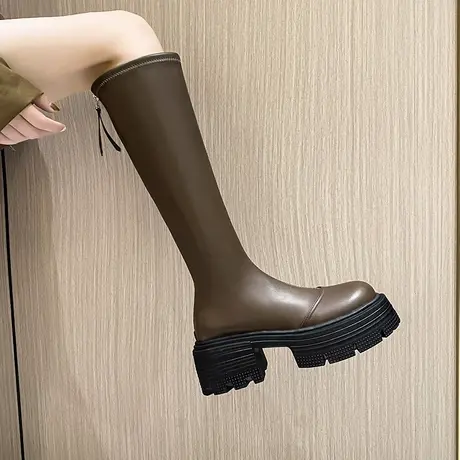 靴子女长筒靴法式粗跟显瘦2023年新款秋季厚底增高复古气质骑士靴图片