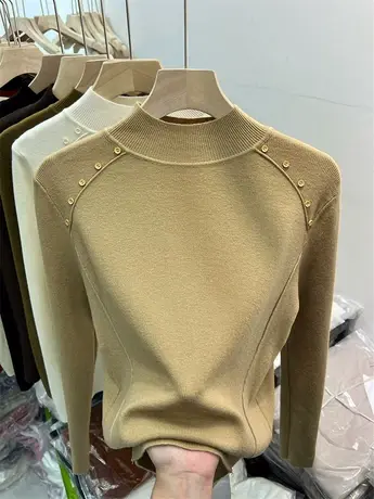 半高领轻薄毛衣女修身上衣2023年秋冬季套头软糯慵懒风针织打底衫商品大图