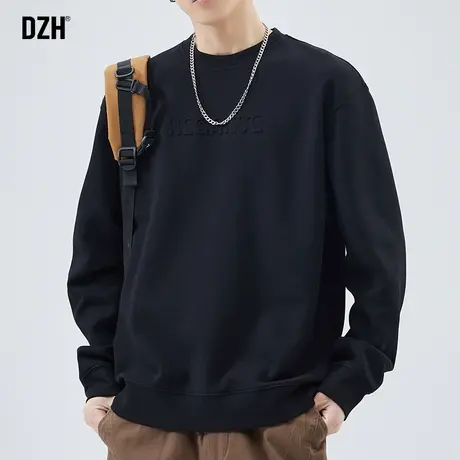 男生美式圆领卫衣男秋季潮牌长袖上衣宽松男装2023新款黑色打底衫商品大图