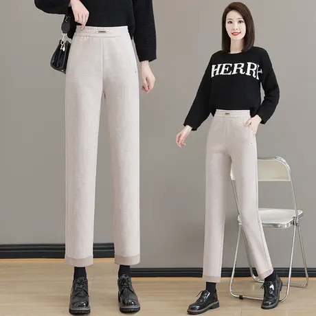 杏色烟管裤子女2023新款秋冬季高腰撞色卷边西装裤垂感显瘦直筒裤商品大图