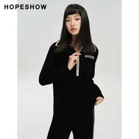 红袖outlets撞色边落肩针织衫hopeshow2023冬新款套头翻领毛衣女商品大图