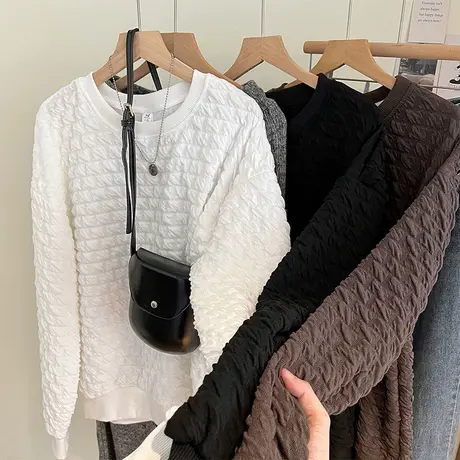 韩系百搭褶皱无帽卫衣女秋冬季宽松加厚保暖学生上衣外套ins潮牌商品大图