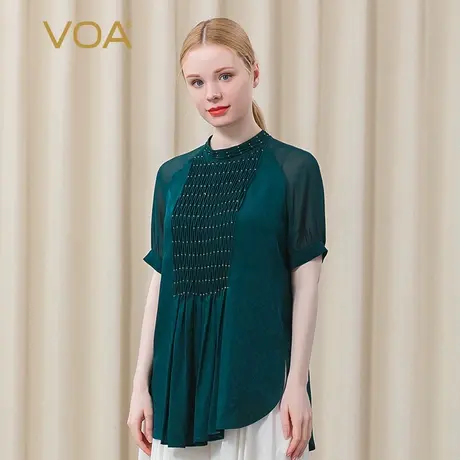 VOA真丝孔雀绿暗纹提花半高领插肩袖一粒扣下摆开叉直筒桑蚕丝T恤图片