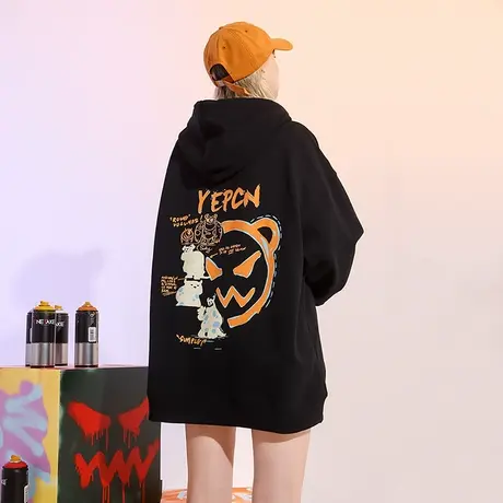 YEP黑色卫衣女春秋小众设计宽松日系古着少女vintage连帽外套国潮商品大图
