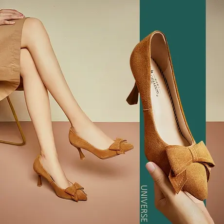 清仓磨砂皮单鞋女一脚蹬女鞋春秋款气质细跟蝴蝶结优雅尖头高跟鞋商品大图