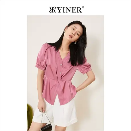 【树莓粉】YINER音儿女装2022夏季新款灯笼袖V领衬衫商品大图