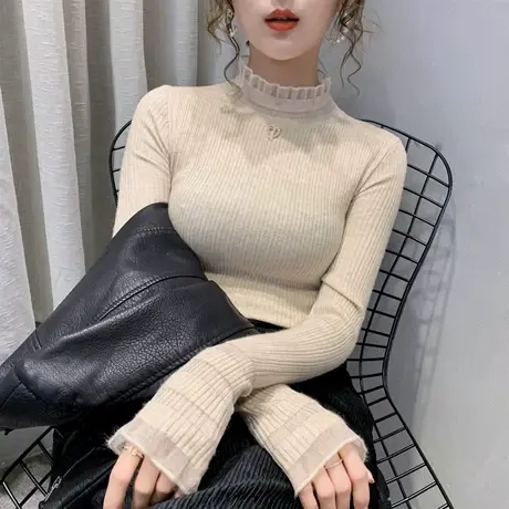 5205毛衣女纯色修身打底衫女装新款长袖套头半高领百搭针织衫商品大图