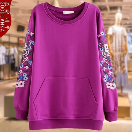 中老年四五十岁胖妈妈装秋装刺绣上衣宽松加肥加大码女卫衣200斤商品大图