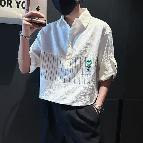 夏季短袖t恤POLO衫男潮流条纹拼接休闲ins风潮男薄款半袖上衣体恤商品大图