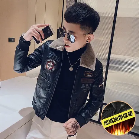 2023冬季新款时尚小伙加绒加厚皮衣潮牌机车网红快手潮流修身外套图片