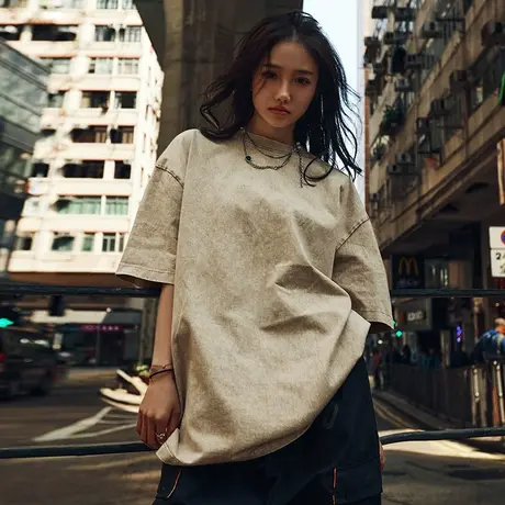 Nuthink欧美复古水洗纯色T恤男街头做旧国潮宽松潮流ins男款夏季商品大图