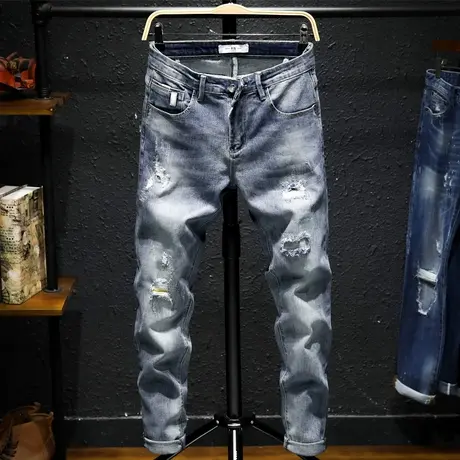 新款夏季牛仔裤男浅色修身小脚韩版潮流男裤子潮牌破洞刮烂乞丐裤商品大图