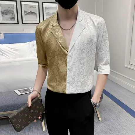 网红潮牌拼色衬衫男七分袖夏季发型师个性痞帅夏装中袖高级感衬衣商品大图