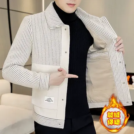 冬季韩版金貂绒毛呢风衣男士加绒加厚男装高级感休闲呢子夹克外套商品大图