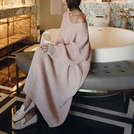 过膝长款V领毛衣连衣裙女韩版宽松大码套头镂空时尚毛针织衫外套商品大图