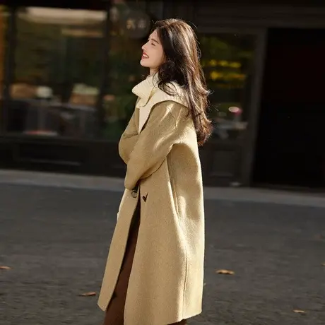 时尚毛呢外套2023年冬季新款百搭温柔可拆卸围脖韩版中长呢子上衣商品大图