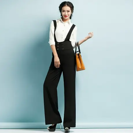背带裤大码女2023秋冬新款连体直筒裤黑色长裤显瘦宽松高腰阔腿裤图片