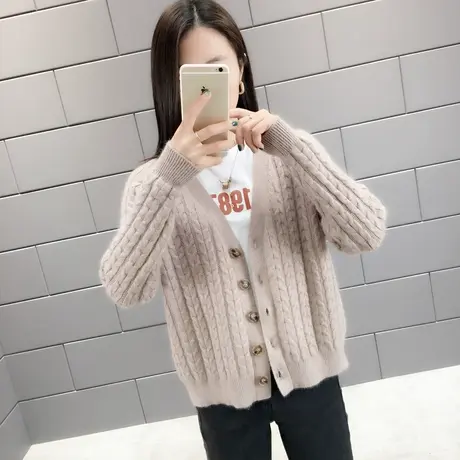 V领纯色麻花针织开衫2024春装新款韩版长袖外搭女短款毛衣外套潮图片