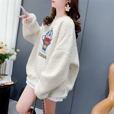 卡通刺绣羊羔毛卫衣外套女加绒加厚秋冬新款韩版时尚宽松学生上衣商品大图