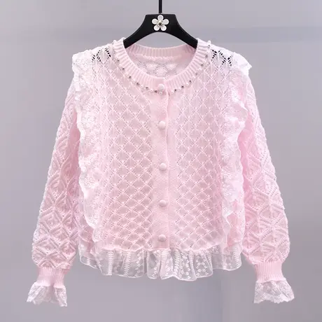 小香风蕾丝拼接钉珠毛衣外套女秋冬2023新款宽松洋气薄款针织开衫商品大图