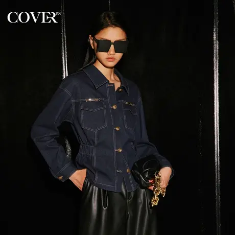 COVER秋季翻领松紧收腰牛仔夹克图片