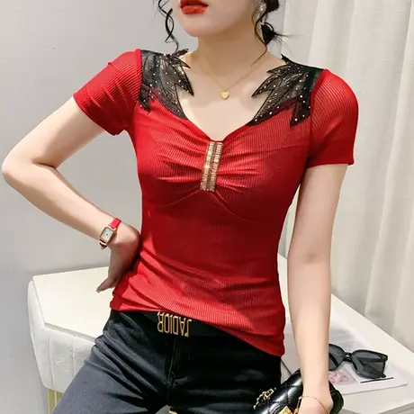欧货性感网纱拼接T恤女短袖洋气紧身V领小衫蕾丝烫钻别致上衣半袖图片