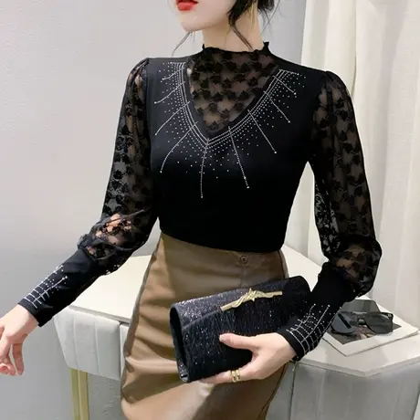 欧货蕾丝拼接打底衫女内搭时尚性感修身T恤长袖重工烫钻上衣秋冬图片