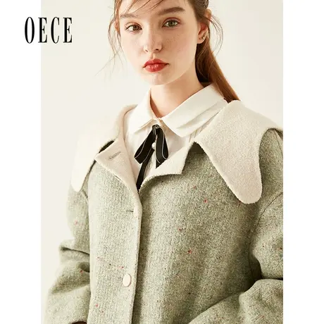 Oece冬新款 复古拼色娃娃领气质双面呢大衣外套图片