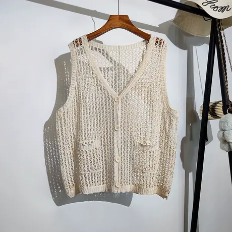 勾花镂空马甲开衫女夏季新款复古小众针织衫无袖背心防晒上衣外搭商品大图