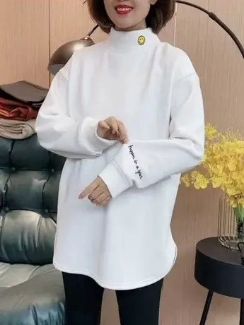 2023秋冬季新款刺绣笑脸高领打底衫加绒时尚长袖休闲白色T恤上衣商品大图