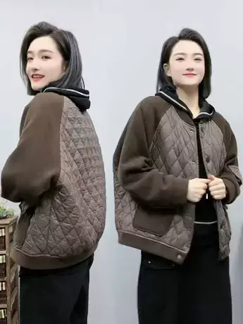 时尚休闲气质撞色菱形格加厚拼接2023秋冬新款外套女宽松棒球棉服商品大图