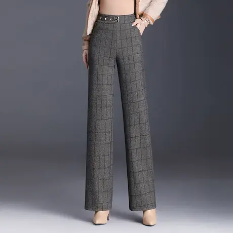 毛呢格纹阔腿裤女秋冬2023新款高腰通勤宽松直筒裤显瘦休闲长裤子商品大图