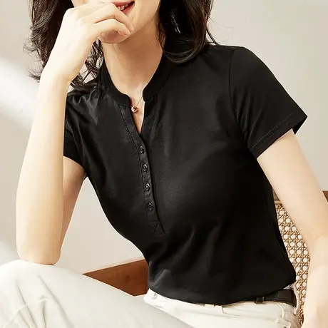 雀后短袖t恤女2023夏季韩版黑色打底衫v立领百搭体恤半袖宽松上衣商品大图