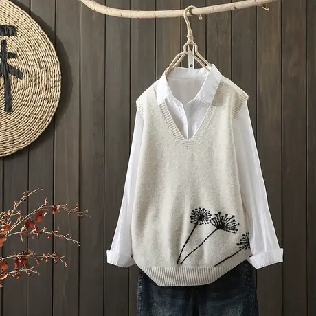 枫谜2021年秋季新款文艺简约提花刺绣针织马甲女休闲针织无袖毛衣商品大图