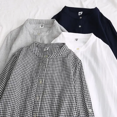 2020春秋新款简约文艺清新立领格子衬衫女中长款宽松百搭棉纱衬衣商品大图