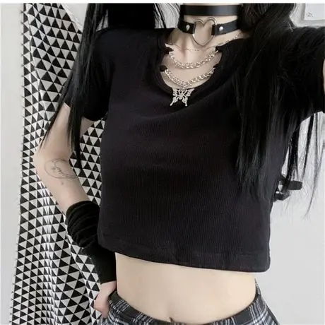 夏季韩版蝴蝶金属链条设计感小众紧身上衣短袖T恤女chic露脐上衣商品大图