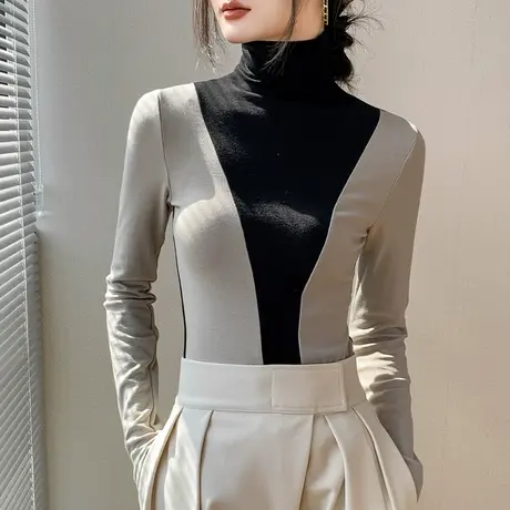 磨毛撞色堆堆领长袖t恤女秋冬新款高级感拼色内搭正肩打底衫上衣图片