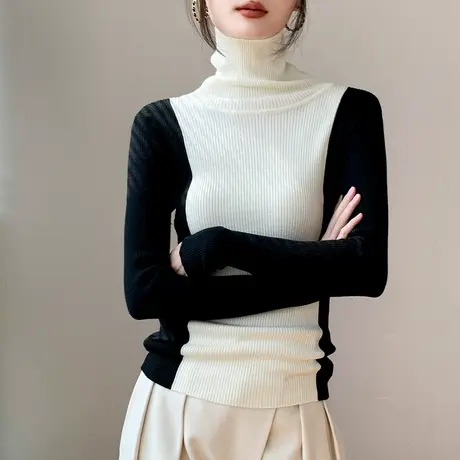 撞色拼接高领针织羊毛衫女2023秋冬新品修身显瘦内搭长袖打底衫商品大图