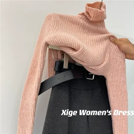 软糯坑条肌理针织打底衫女冬季修身显瘦堆堆高领弹力内搭长袖上衣商品大图