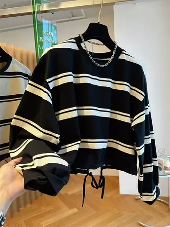 韩系小众设计感条纹卫衣女秋宽松休闲小个子高腰短款下摆抽绳上衣商品大图