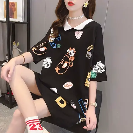 网红ins超火短袖t恤女夏韩版宽松中长款大版日系翻领polo衫上衣潮商品大图