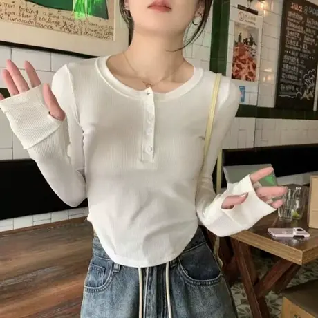 不规则下摆长袖T恤女2023春秋季新款洋气减龄修身短款小个子上衣图片