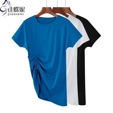 夏季新款韩版圆领褶皱宽松中长款纯棉纯色短袖体恤上衣内搭女打底图片