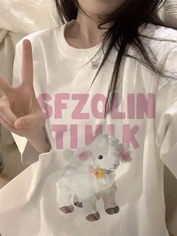 大码t恤女夏季慵懒风纯棉短袖宽松韩版百搭学生洋气可爱减龄上衣商品大图