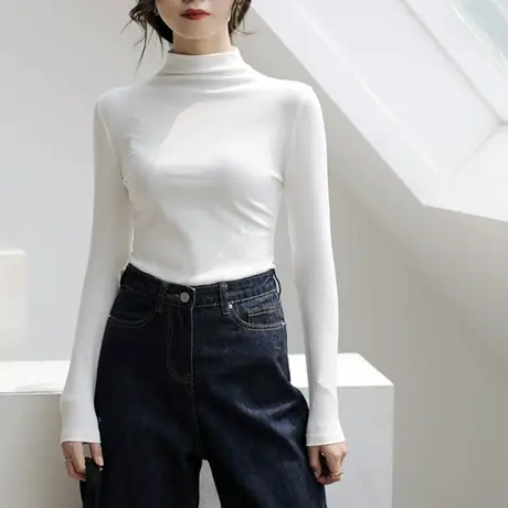 2024新款春秋冬季新款半高领打底衫白色内搭洋气长袖t恤女上衣服商品大图