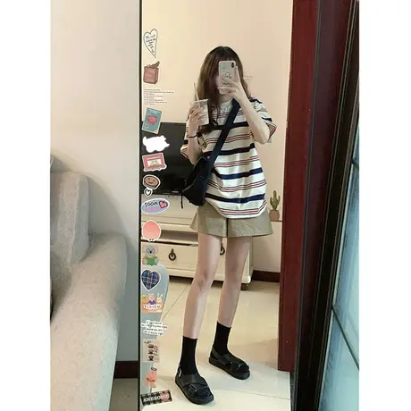 美式正肩条纹t恤短袖女宽松小众别致独特设计感上衣2024新款夏季商品大图