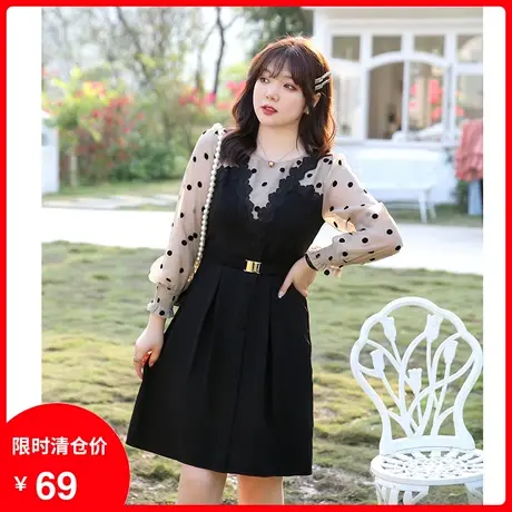2024年秋装新款波点泡泡长袖雪纺拼接假两件连衣裙显瘦大码胖MM商品大图