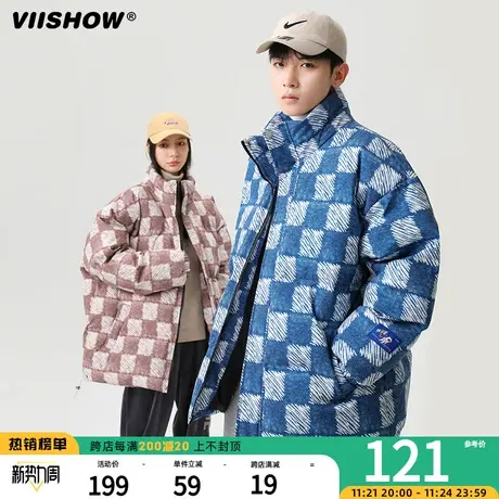 VIISHOW棋盘格棉服男2023新款冬季设计感立领棉衣外套宽松潮牌男图片